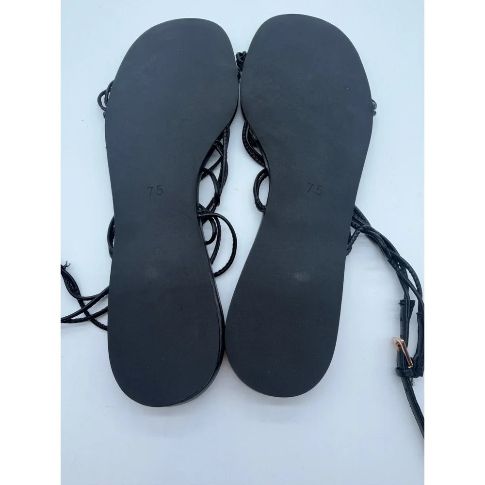 Women Black Beaded Lace Up Gladiator Sandals Flat Boho Shoes 7.5